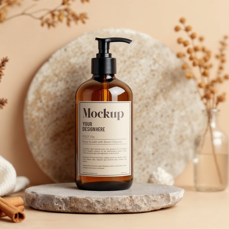 Natural Skincare Bottle Mockup with Rustic Decor Elements Thumbnail