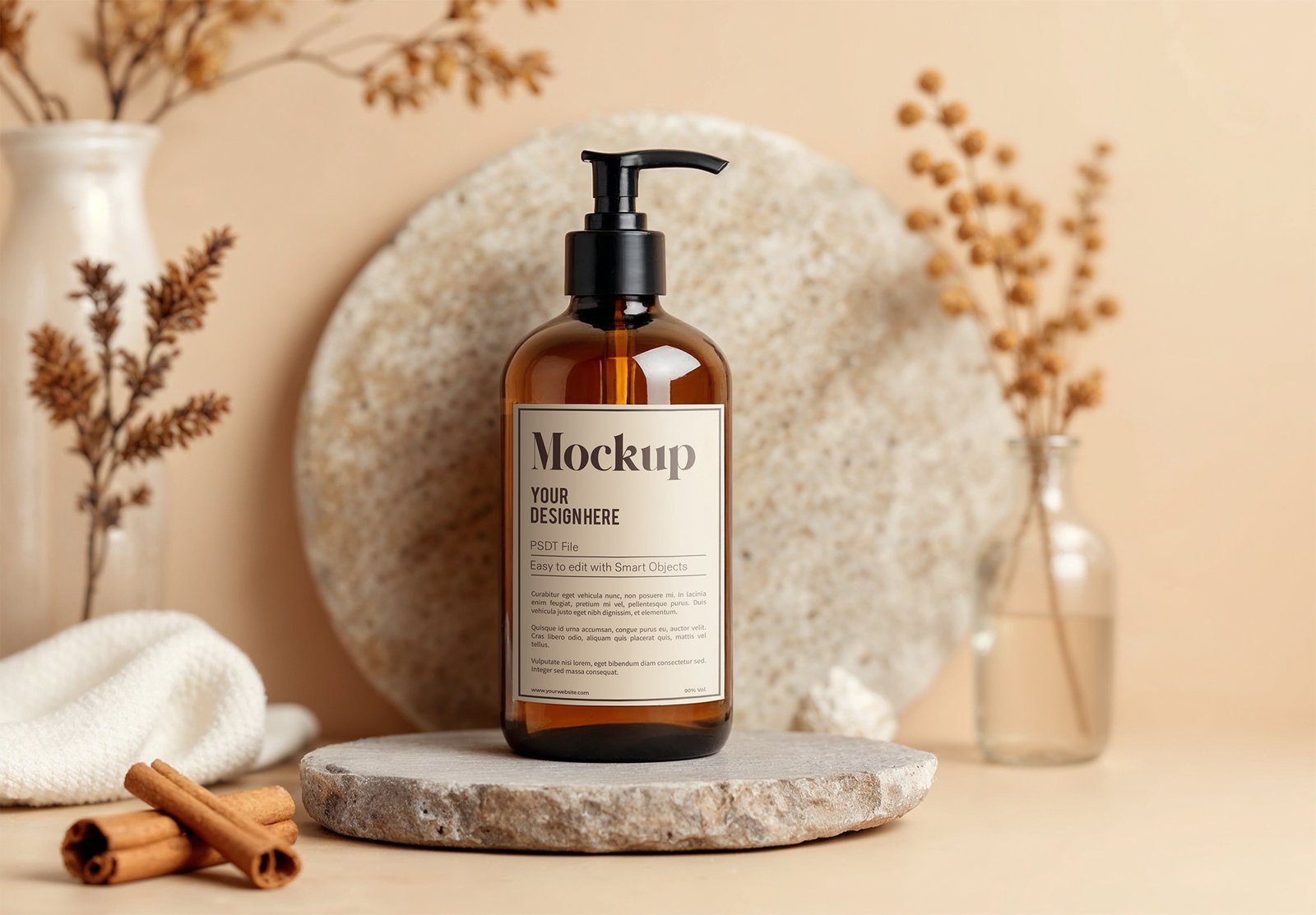Natural Skincare Bottle Mockup with Rustic Decor Elements Thumbnail