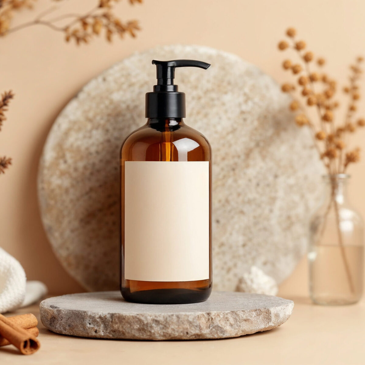 Natural Skincare Bottle Mockup with Rustic Decor Elements