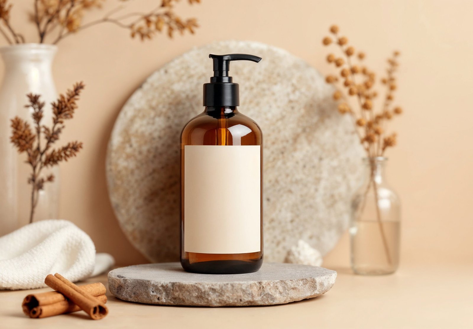 Natural Skincare Bottle Mockup with Rustic Decor Elements