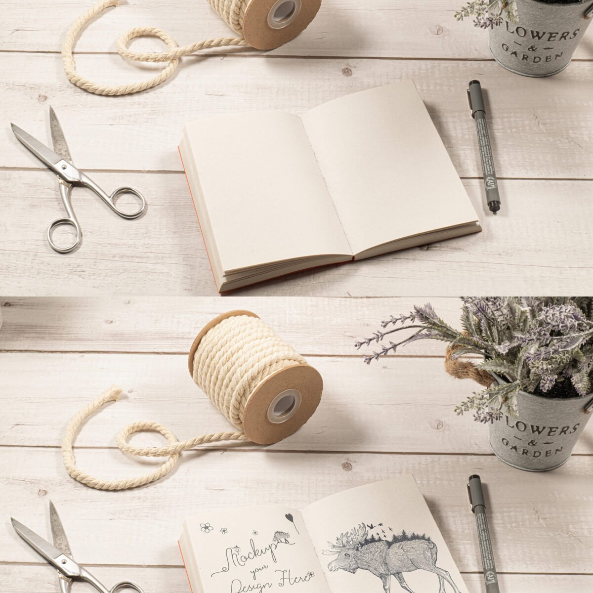 Sketch Notebook Mockup on a White Wood Table with Ornaments