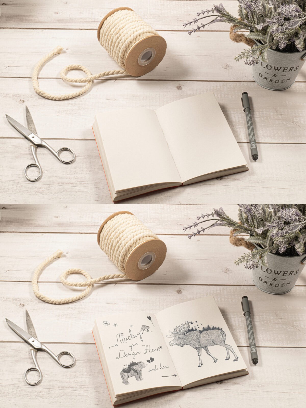 Sketch Notebook Mockup on a White Wood Table with Ornaments