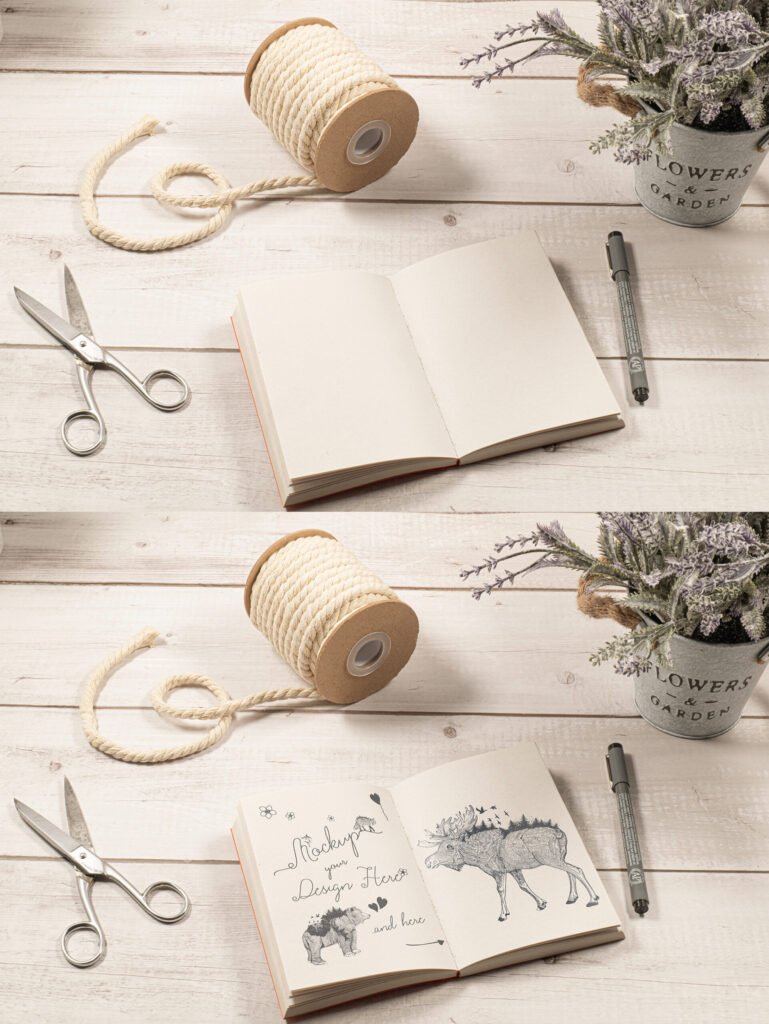 Sketch Notebook Mockup on a White Wood Table with Ornaments