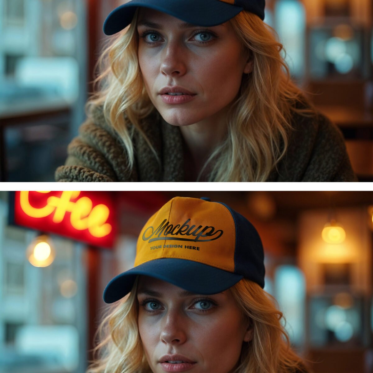 Baseball Cap Mockup on Model – Urban Café Ambient Lighting