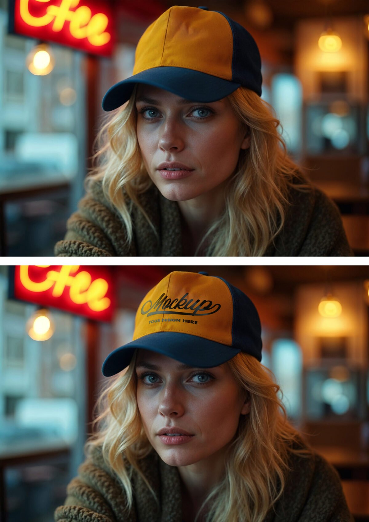 Baseball Cap Mockup on Model – Urban Café Ambient Lighting
