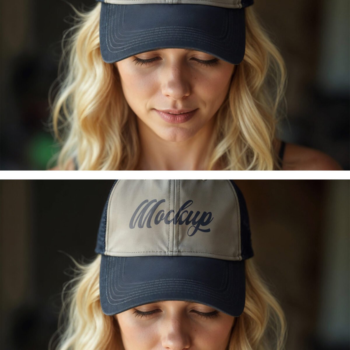 Realistic Trucker Hat Mockup on Blonde Woman