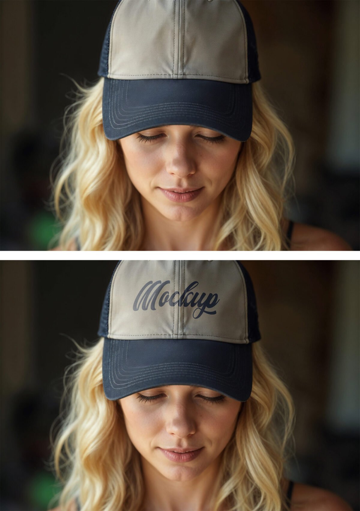 Realistic Trucker Hat Mockup on Blonde Woman