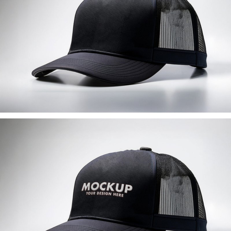 Embroidery Text Effect Mockup of a Black Mesh Trucker Style Cap