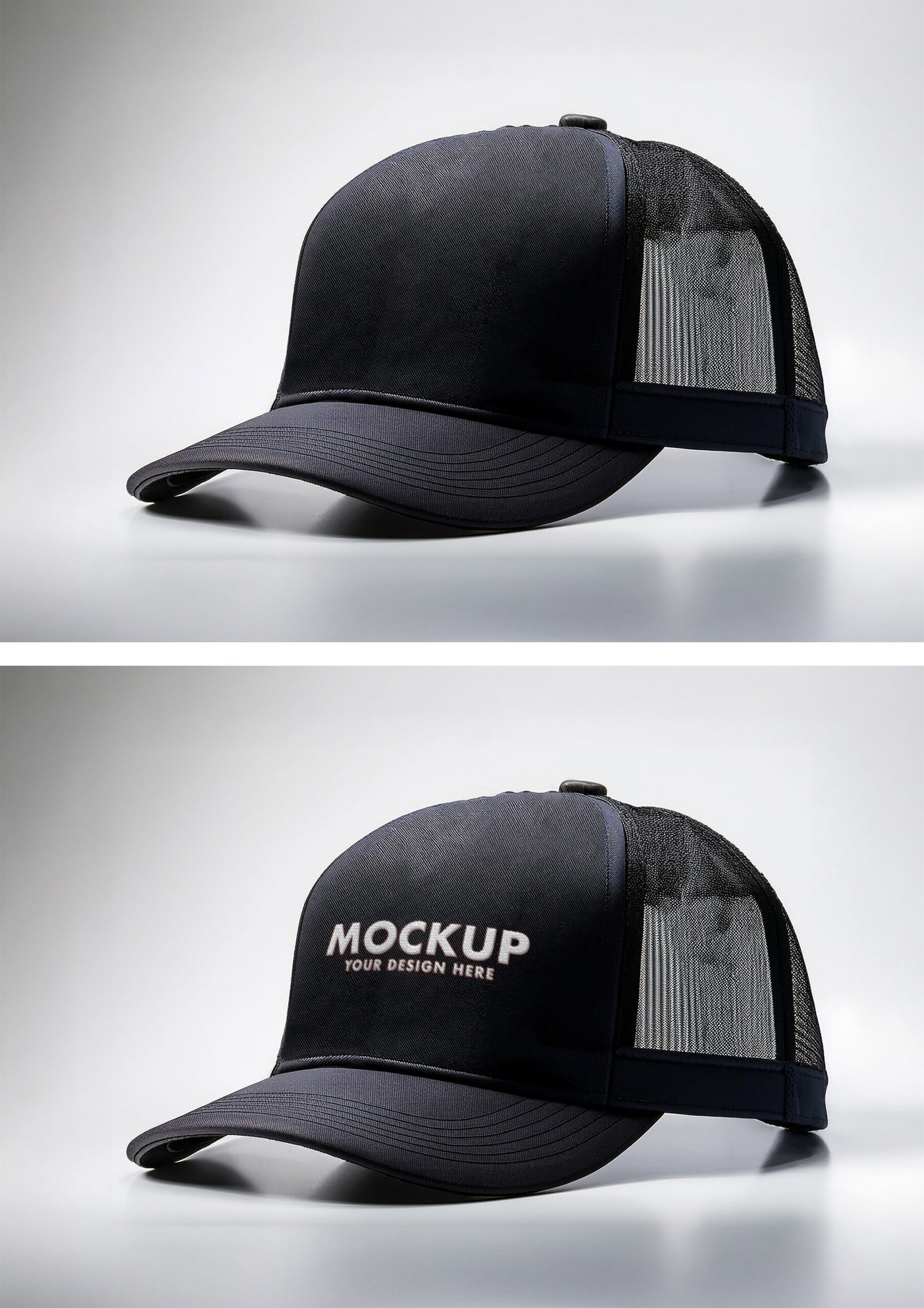 Embroidery Text Effect Mockup of a Black Mesh Trucker Style Cap