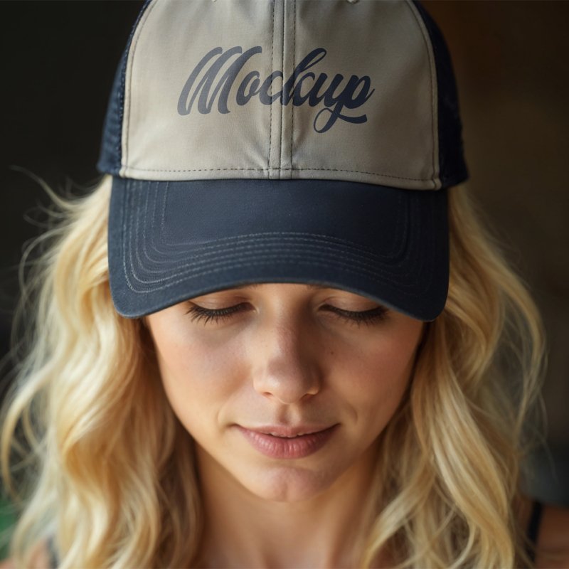 Realistic Trucker Hat Mockup on Blonde Woman on caffe