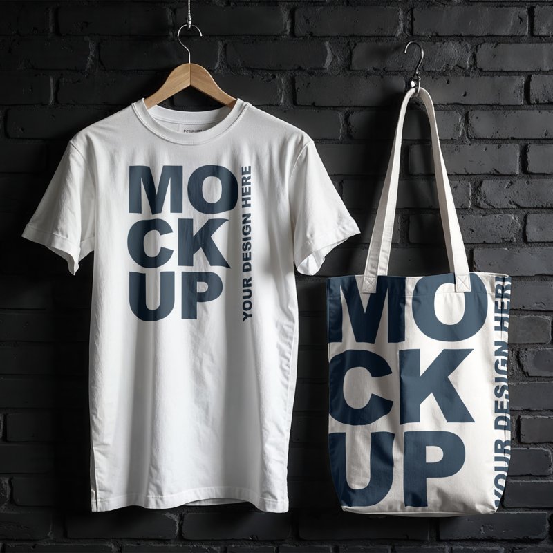 Realistic White T Shirt And Tote Bag Mockup On A Black Brick Wall