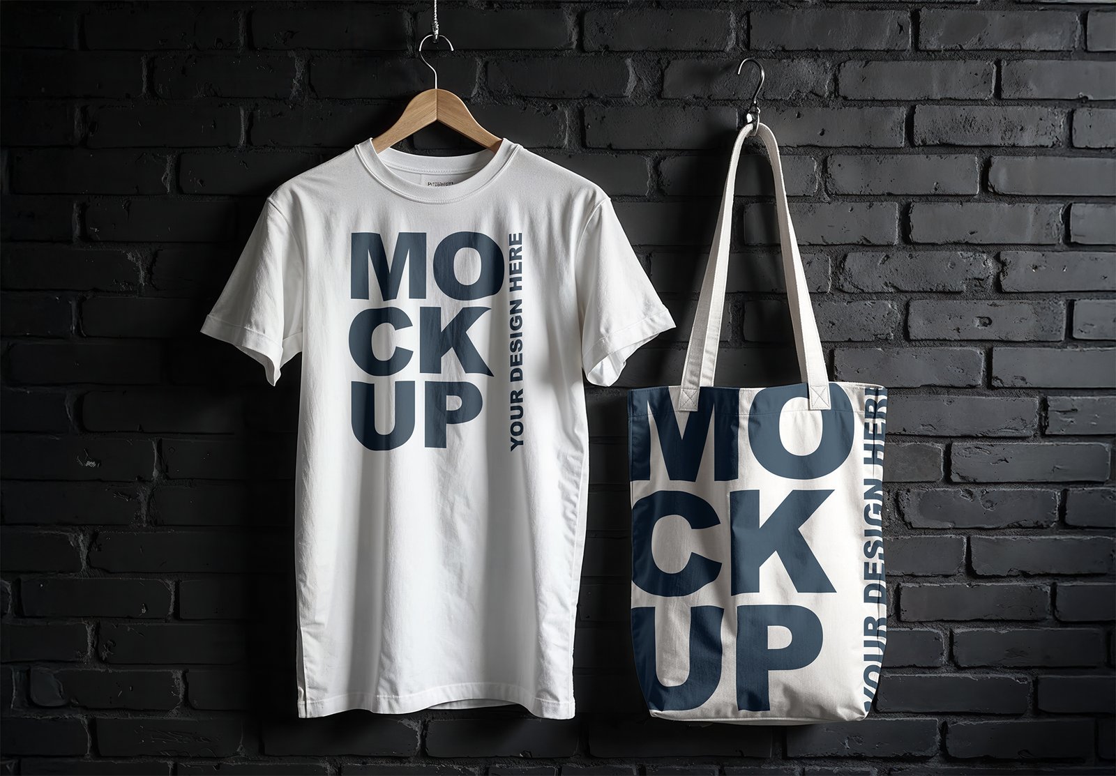 Realistic White T Shirt And Tote Bag Mockup On A Black Brick Wall