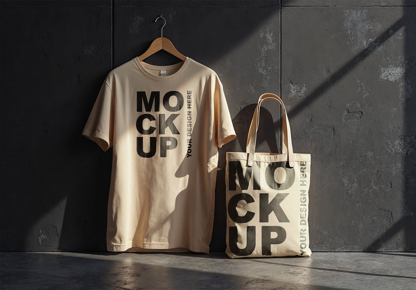 T Shirt And Tote Bag Mockups T-Shirt And Tote Bag Mockups Contrasting On A Black Painted Grunge Wall