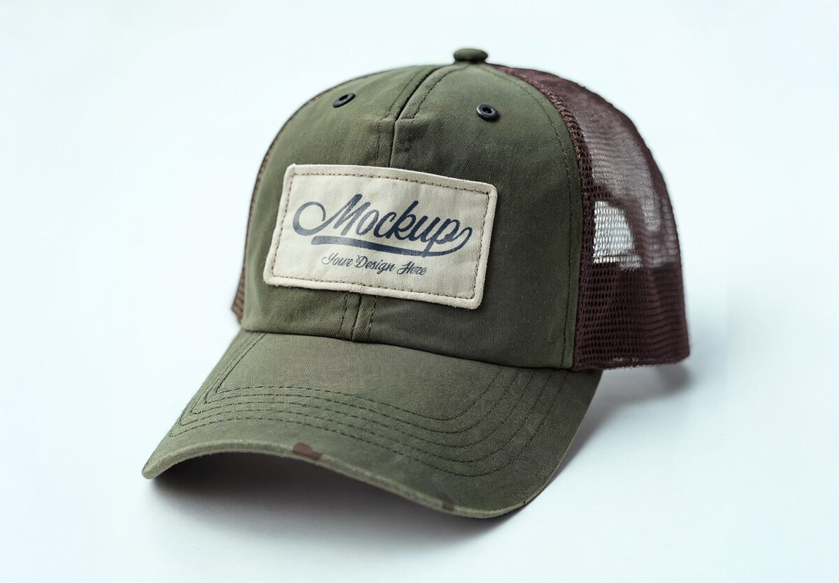 Thumbnail-Vintage Trucker Cap Mockup with Customizable Patch Design and Mesh in the Back