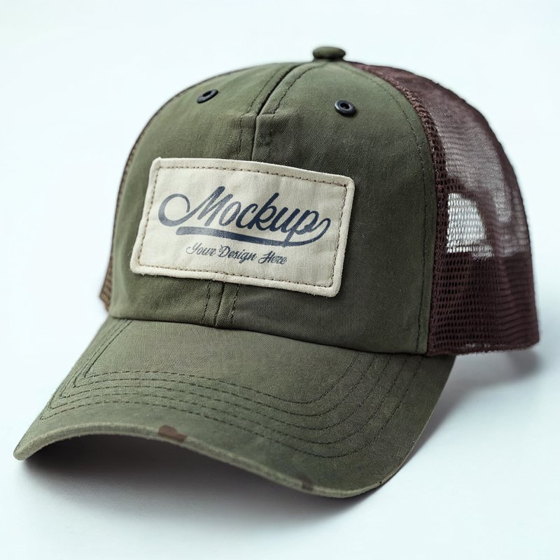 Thumbnail-Vintage Trucker Cap Mockup with Customizable Patch Design and Mesh in the Back