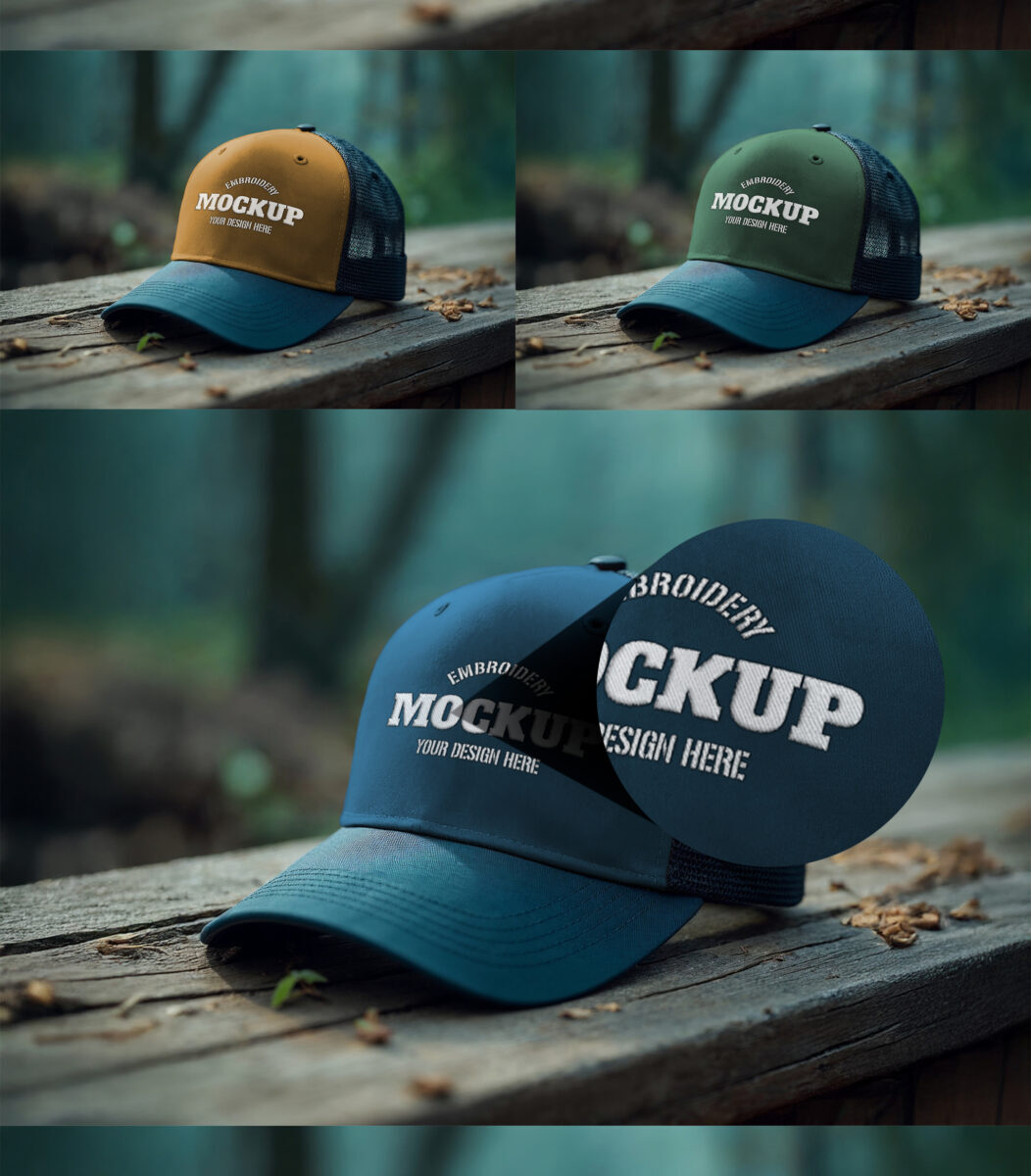 Colorizable-Trucker-Cap-Mockup-with-Embroidery-Effect-on-an-Outdoor-Wood-Table