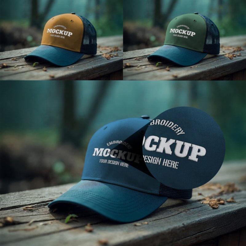 Colorizable-Trucker-Cap-Mockup-with-Embroidery-Effect-on-an-Outdoor-Wood-Table