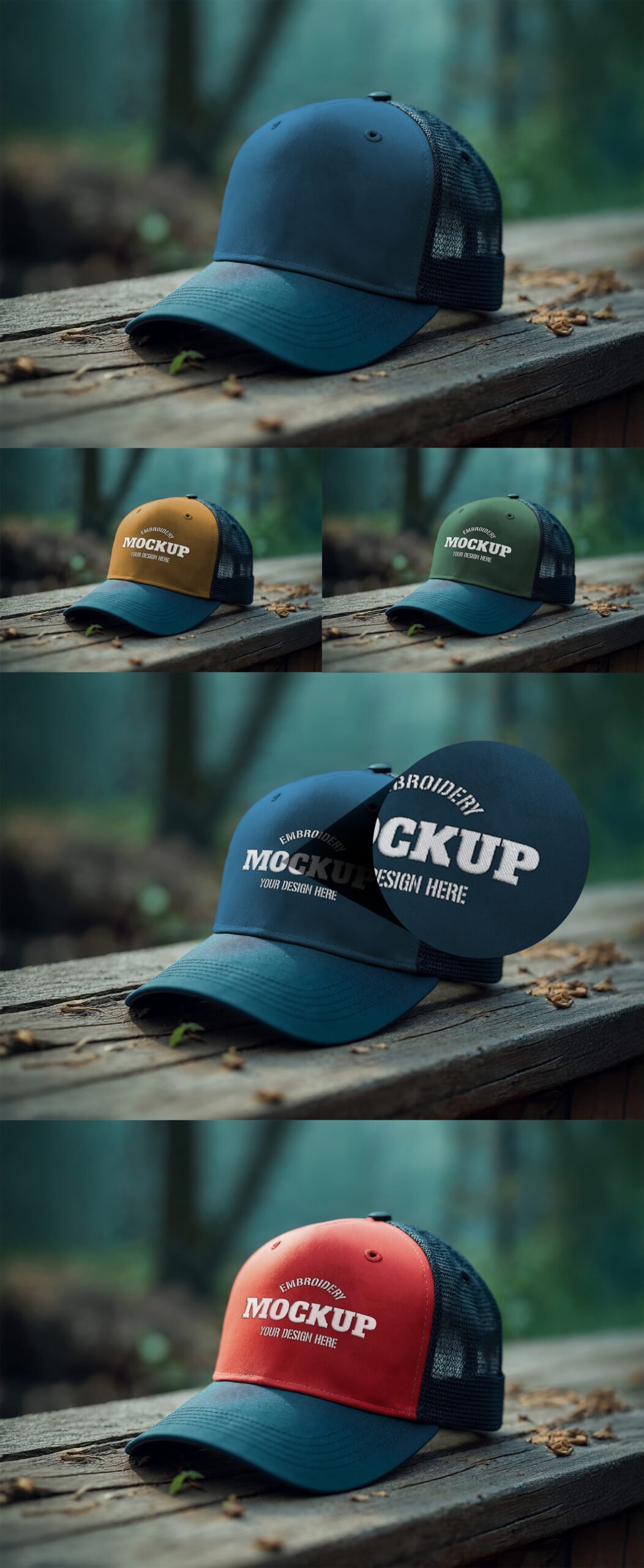 Colorizable-Trucker-Cap-Mockup-with-Embroidery-Effect-on-an-Outdoor-Wood-Table