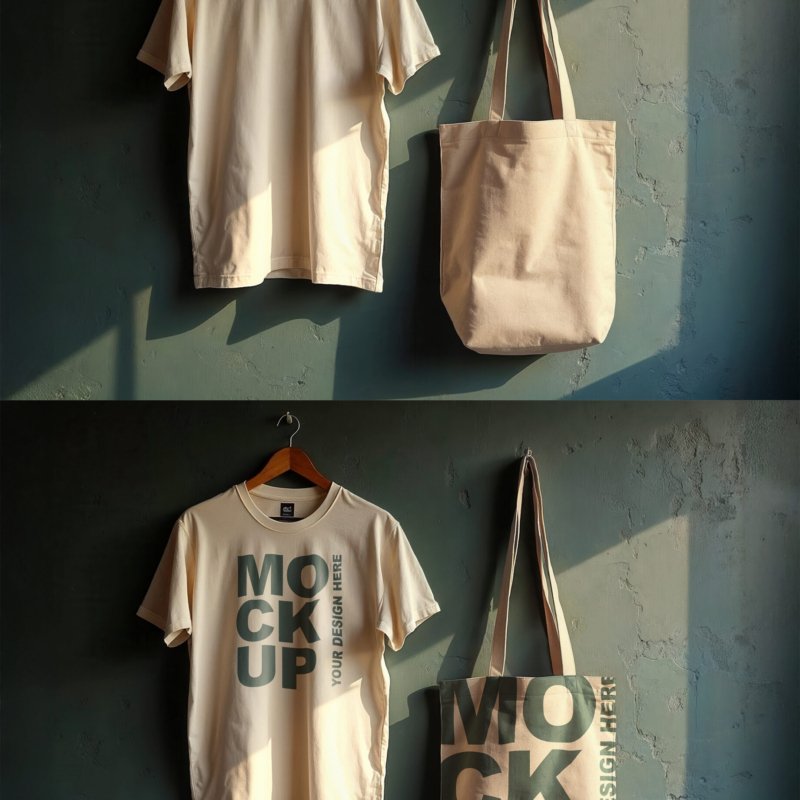 T-shirt and Tote Bag Mockups on a Rustic Green Wall
