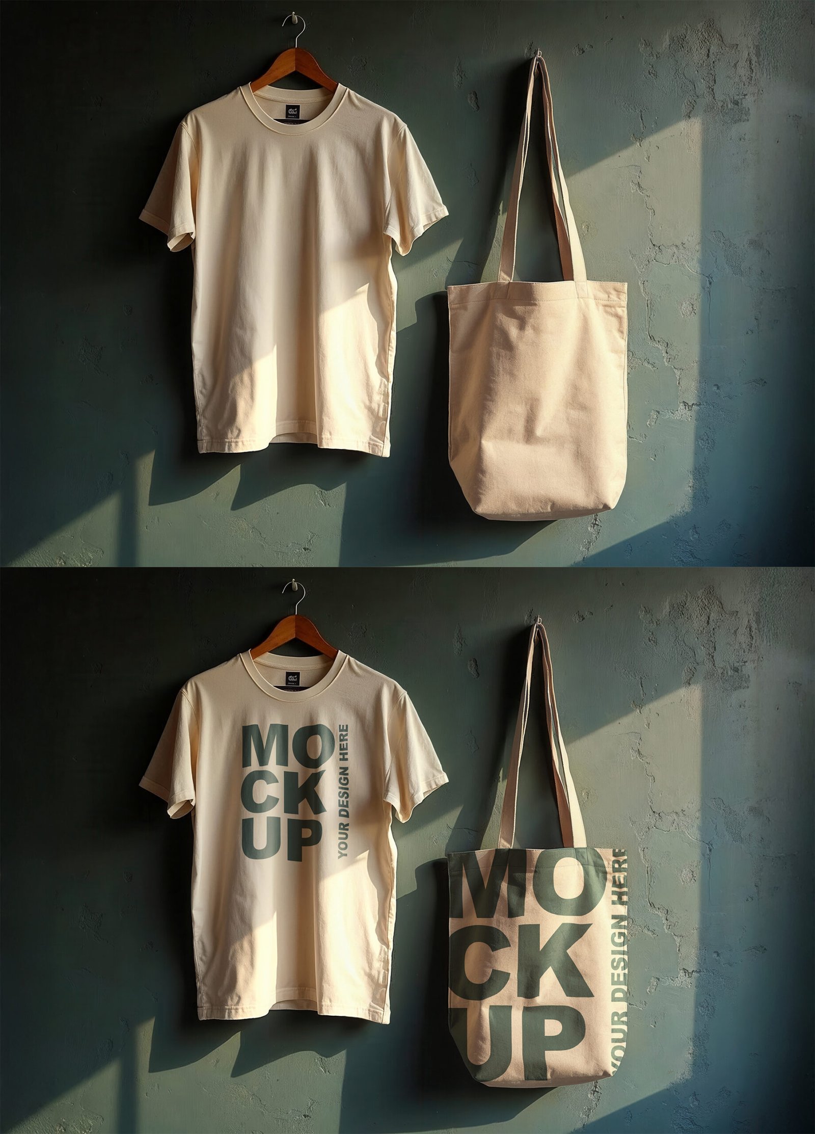 T-shirt and Tote Bag Mockups on a Rustic Green Wall