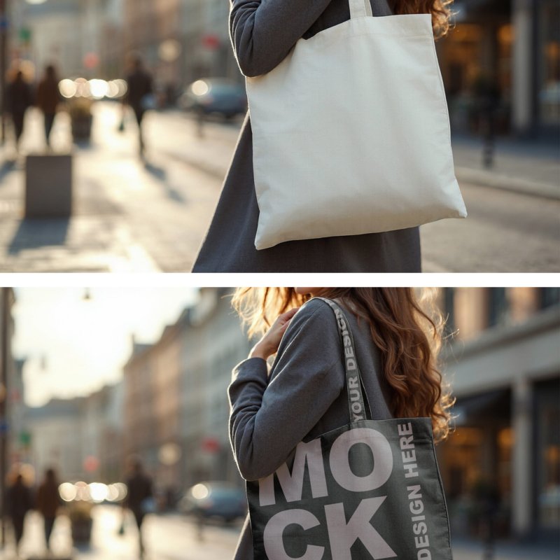 Mockup Of Woman Holding Blank Tote Bag In Urban Setting