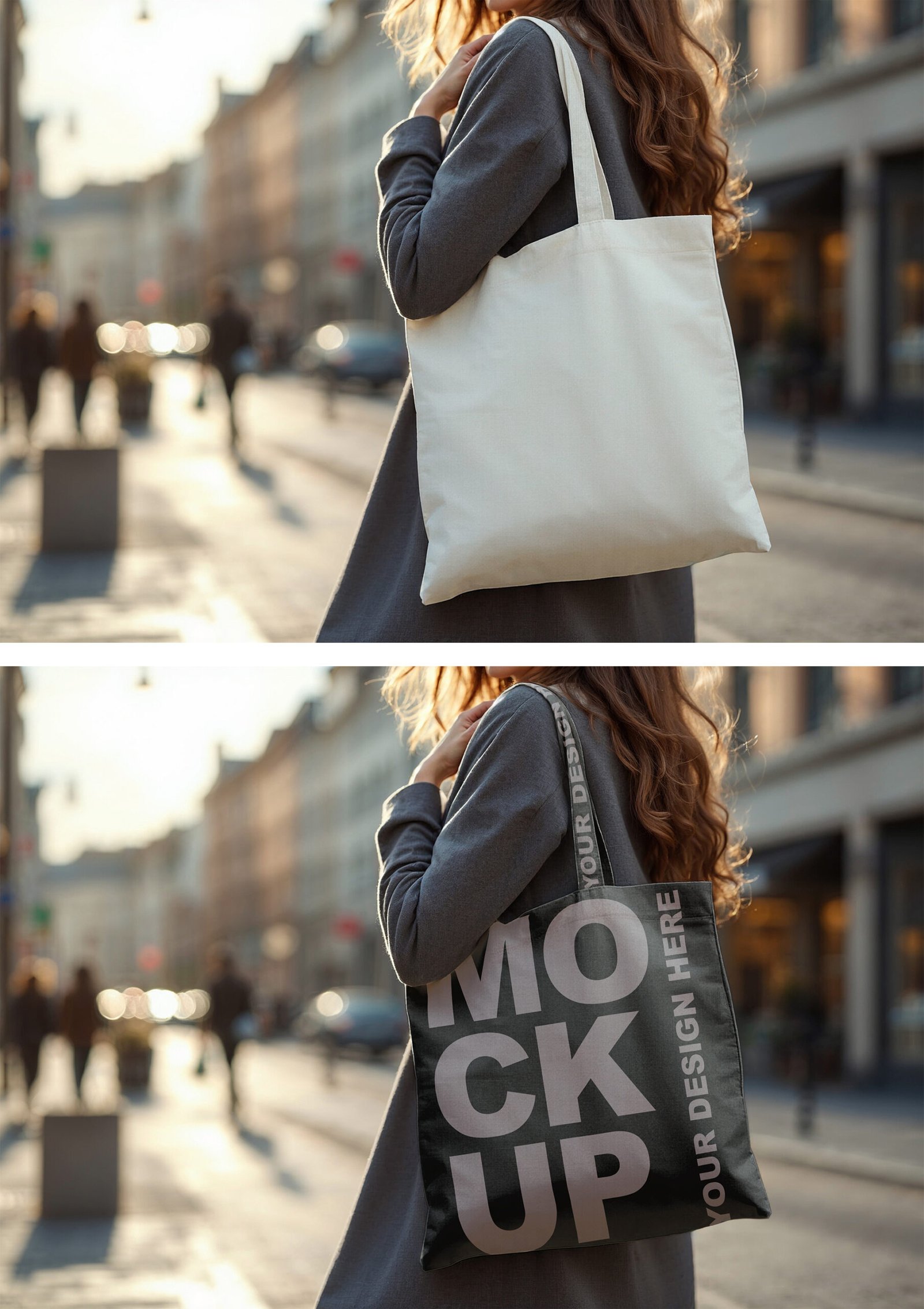 Mockup Of Woman Holding Blank Tote Bag In Urban Setting