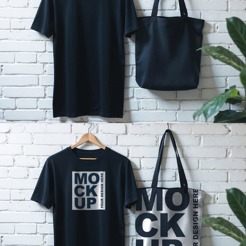 Realistic Denim Blue T Shirt And Tote Bag Mockups On Brick Wall Background