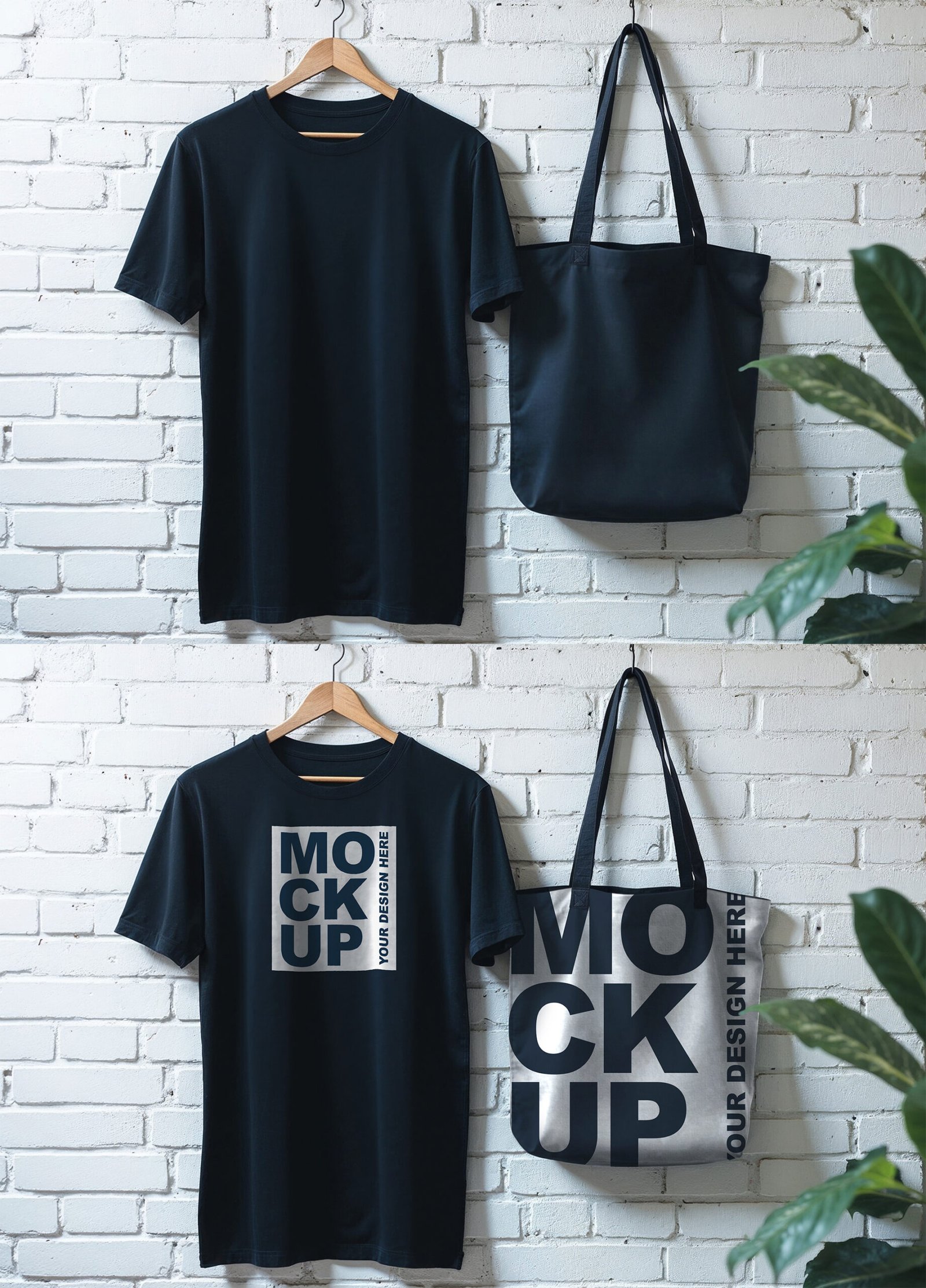 Realistic Denim Blue T Shirt And Tote Bag Mockups On Brick Wall Background