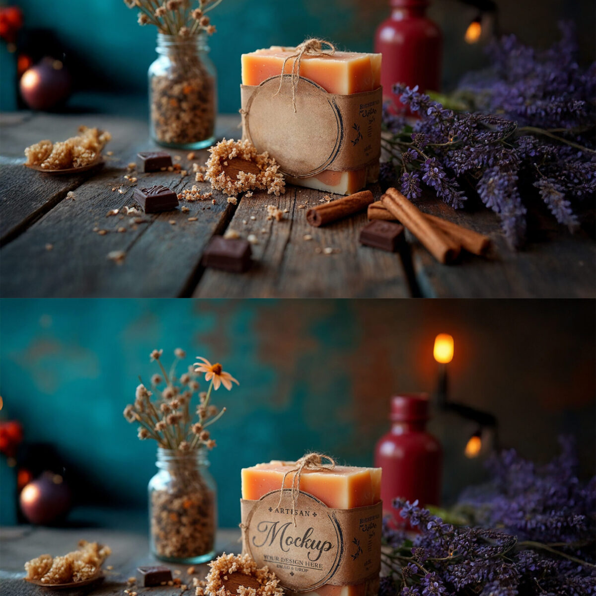 Artisan Soap Mockup With Chocolate Cinnamon Lavender on a Rustic Wood Table