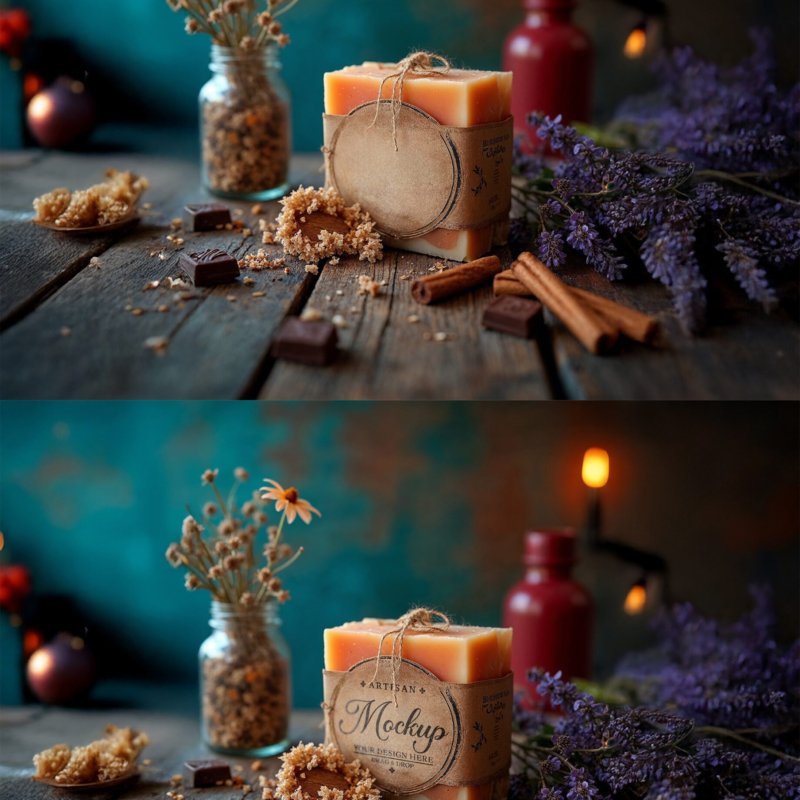 Artisan Soap Mockup With Chocolate Cinnamon Lavender on a Rustic Wood Table