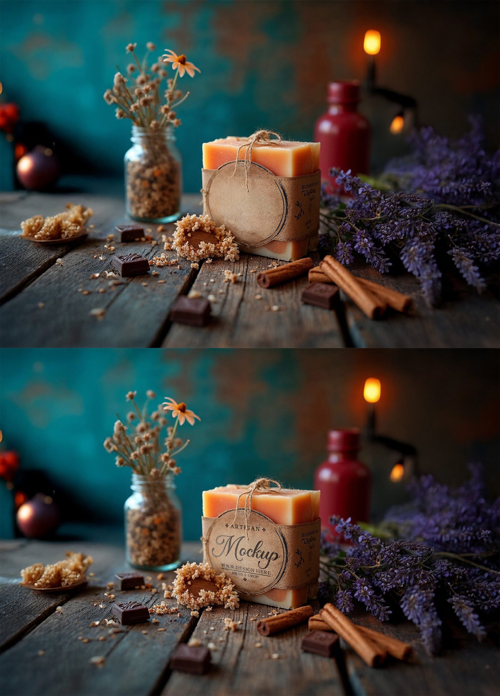 Artisan Soap Mockup With Chocolate Cinnamon Lavender on a Rustic Wood Table