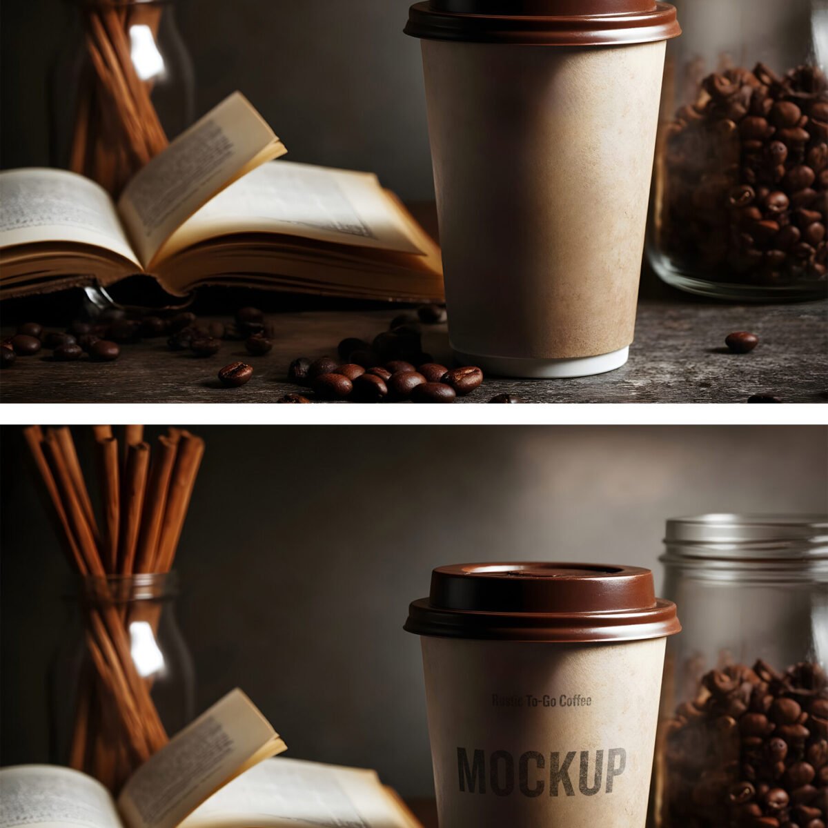 To-Go Coffee Packaging Mockup With Grinder Beans In Rustic Wood Table With A Book