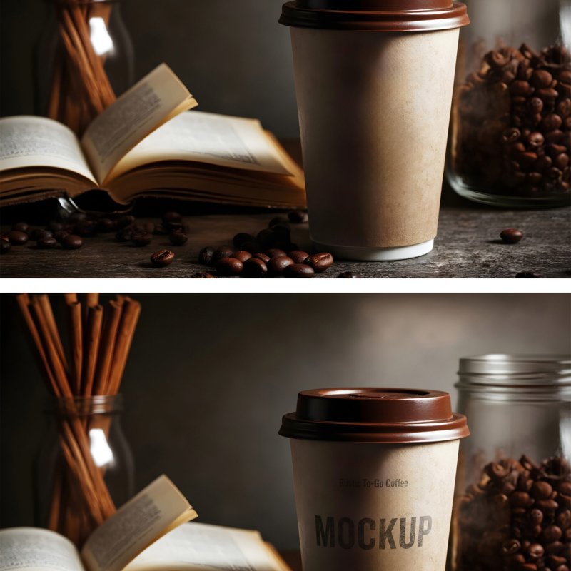 To-Go Coffee Packaging Mockup With Grinder Beans In Rustic Wood Table With A Book