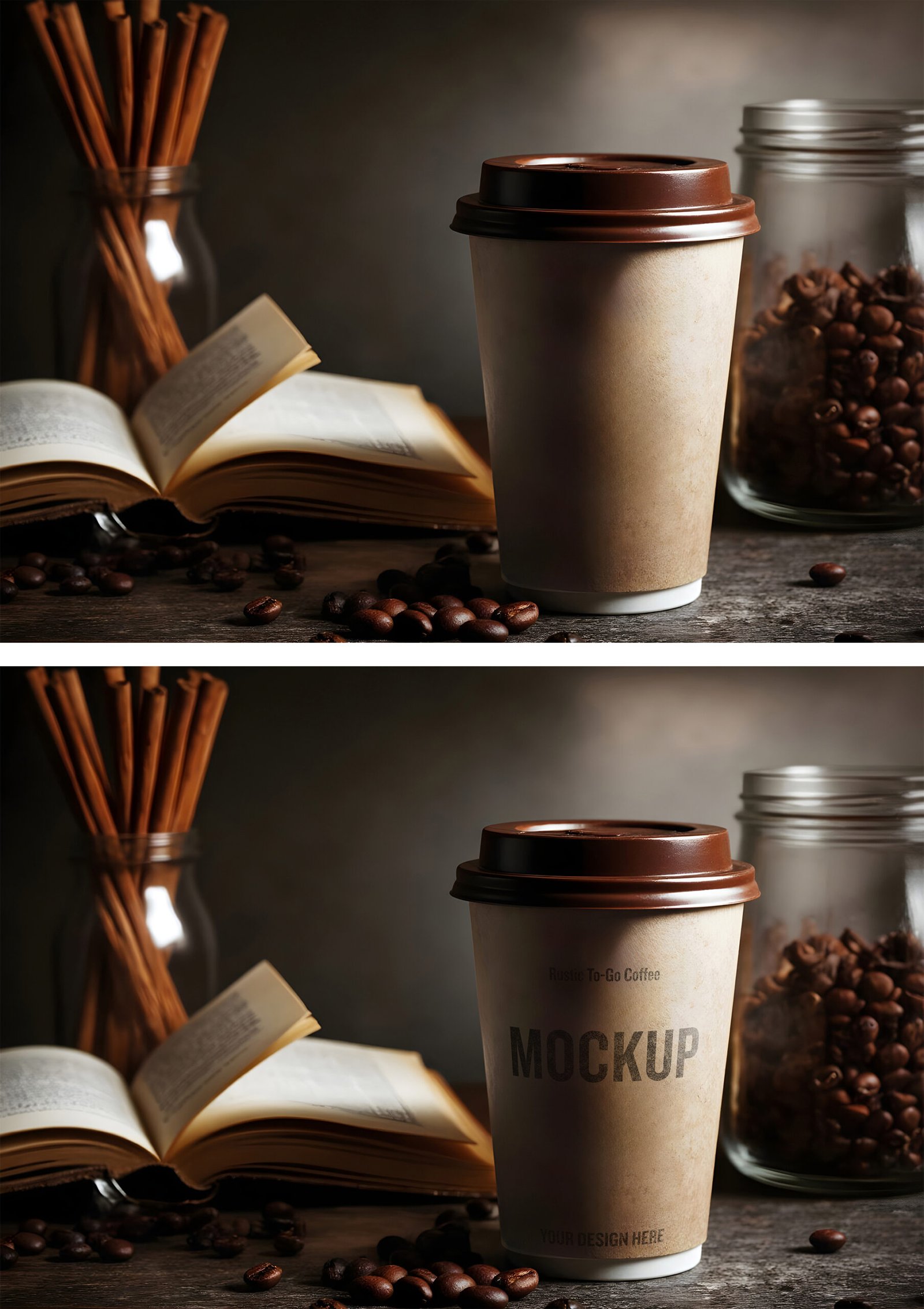To-Go Coffee Packaging Mockup With Grinder Beans In Rustic Wood Table With A Book