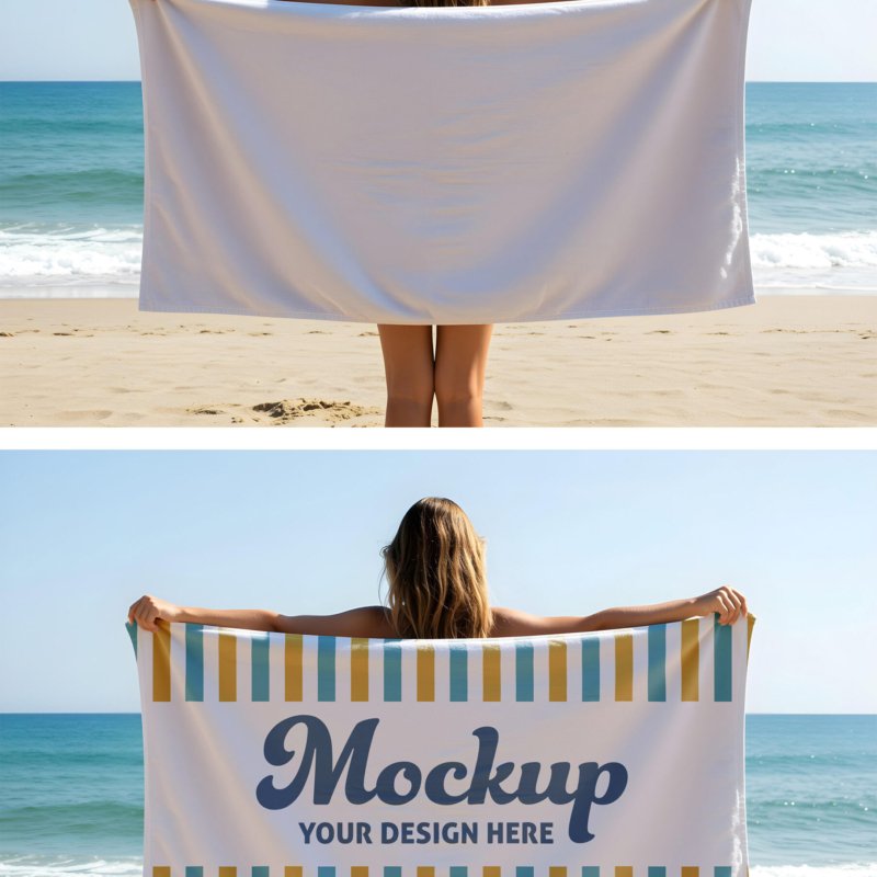 Blank Beach Towel Mockup Held by Woman on Sandy Shoreline Blank Beach Towel Mockup Held by Woman on Sandy Shoreline with Ocean Background