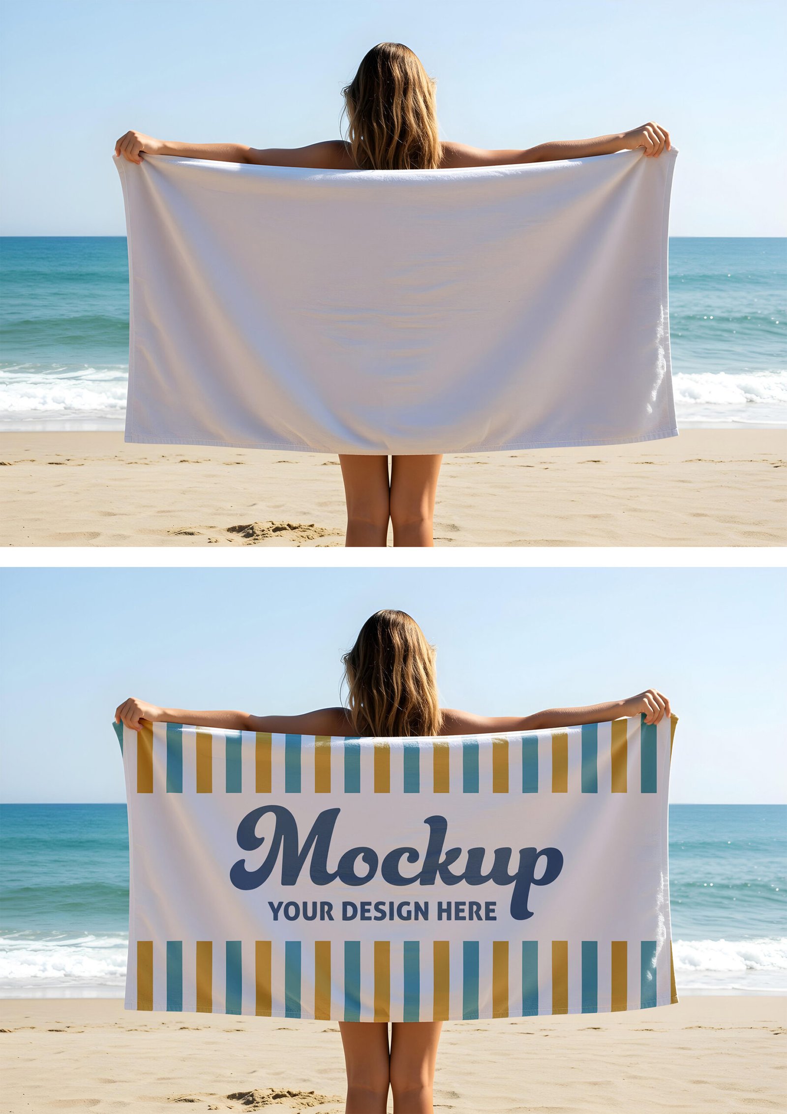 Blank Beach Towel Mockup Held by Woman on Sandy Shoreline Blank Beach Towel Mockup Held by Woman on Sandy Shoreline with Ocean Background