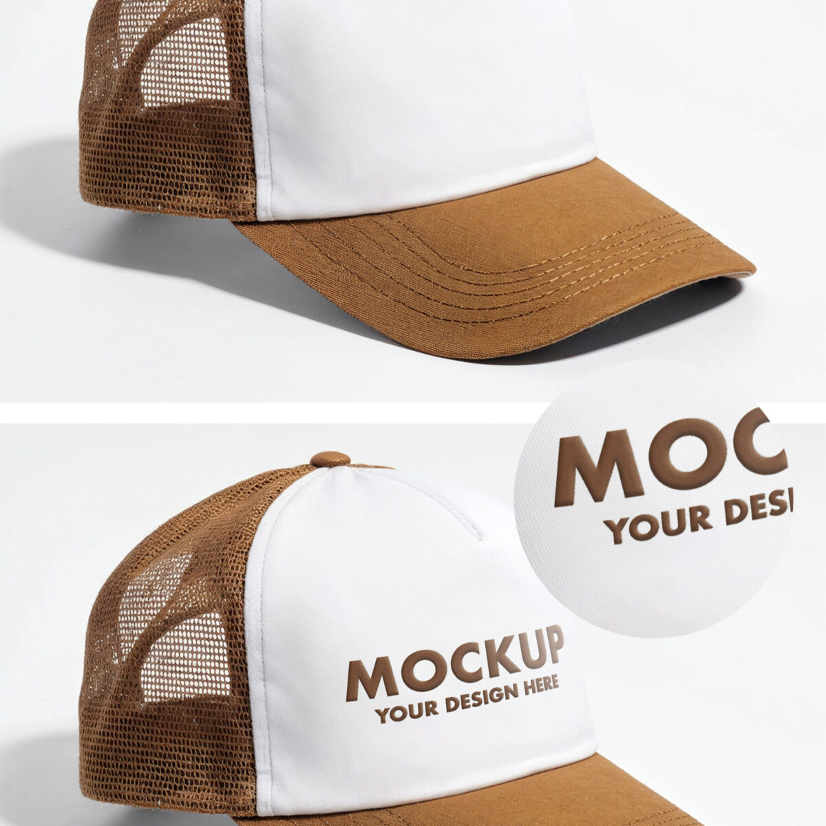 Mustard Brown Trucker Cap Mockup With Mesh Back On White Background