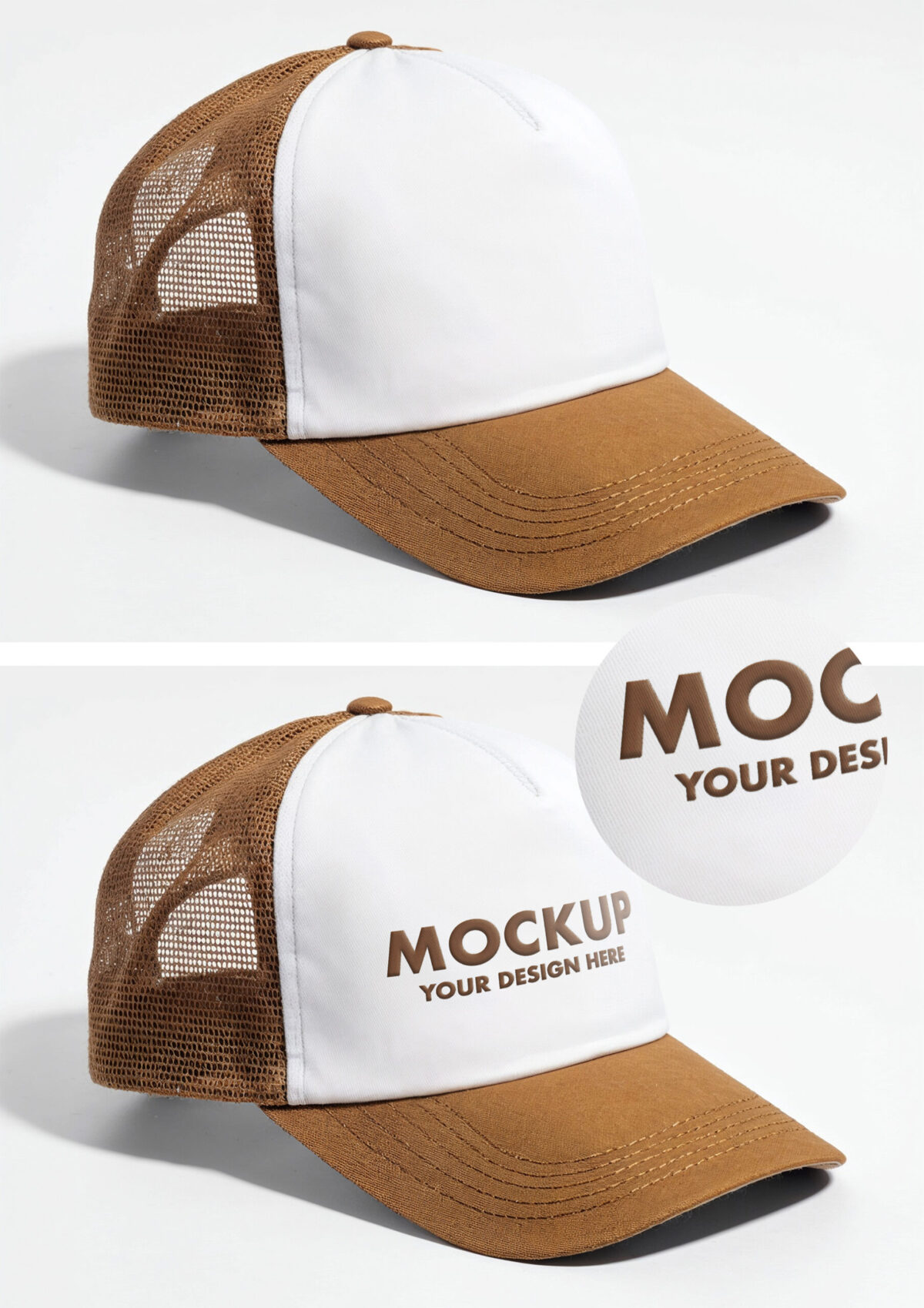 Mustard Brown Trucker Cap Mockup With Mesh Back On White Background