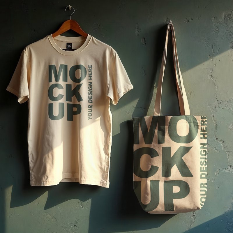 T-shirt and Tote Bag Mockups on a Rustic Green Wall - Combo Mockup