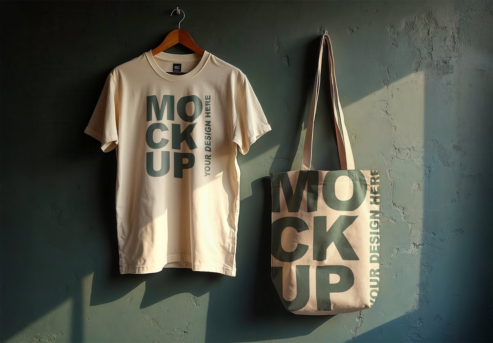 T-shirt and Tote Bag Mockups on a Rustic Green Wall - Combo Mockup