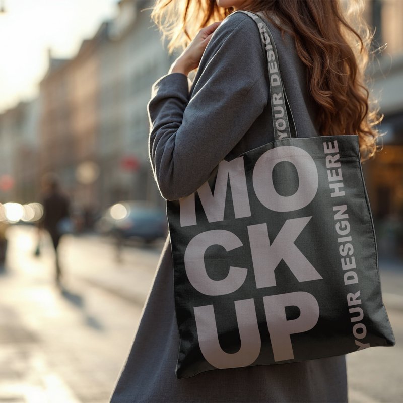 Mockup Of Woman Holding Blank Tote Bag In Urban Setting