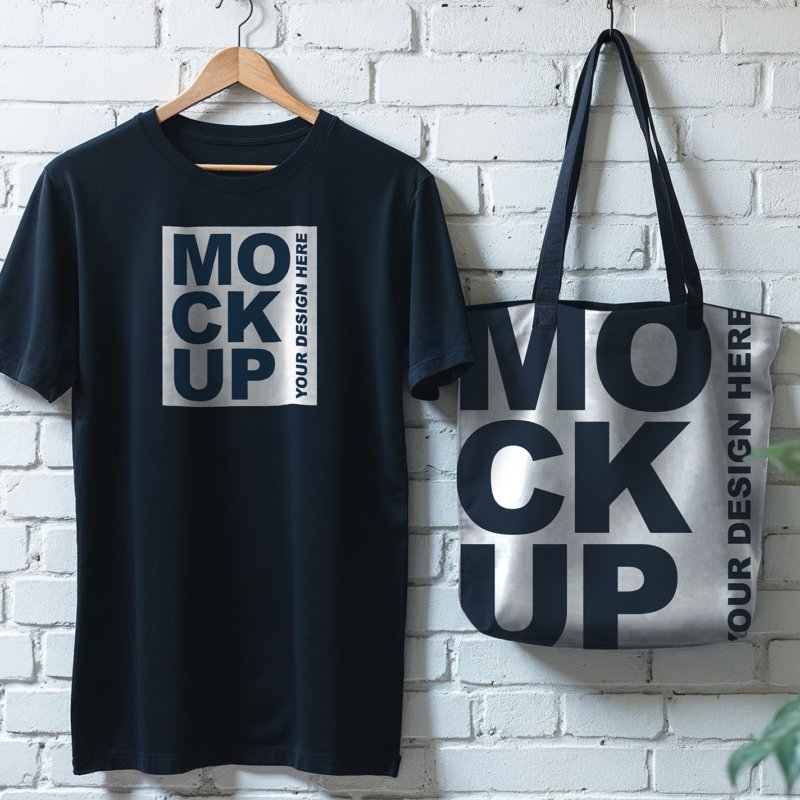 Realistic Denim Blue T Shirt And Tote Bag Mockups On Brick Wall Background