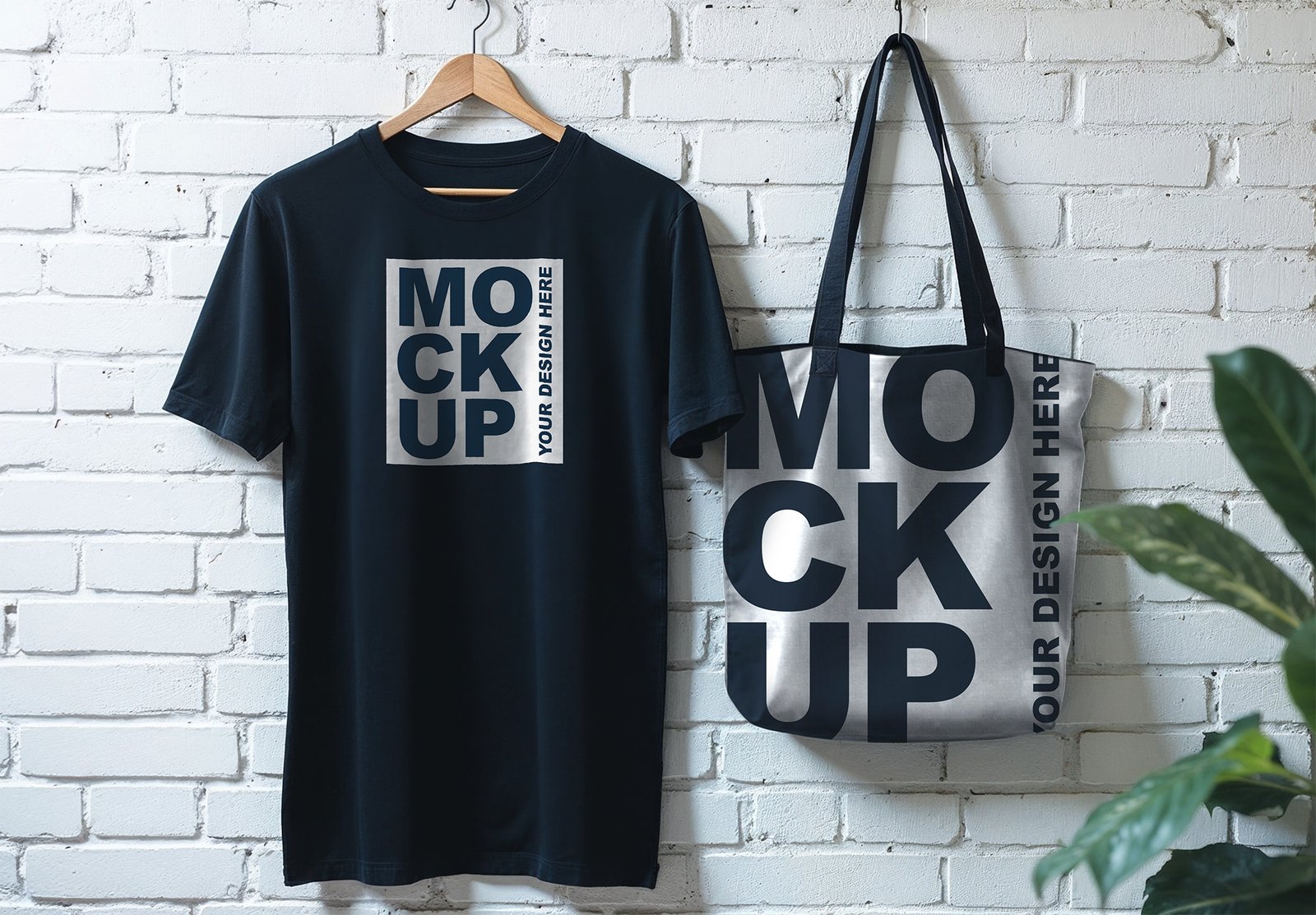 Realistic Denim Blue T Shirt And Tote Bag Mockups On Brick Wall Background
