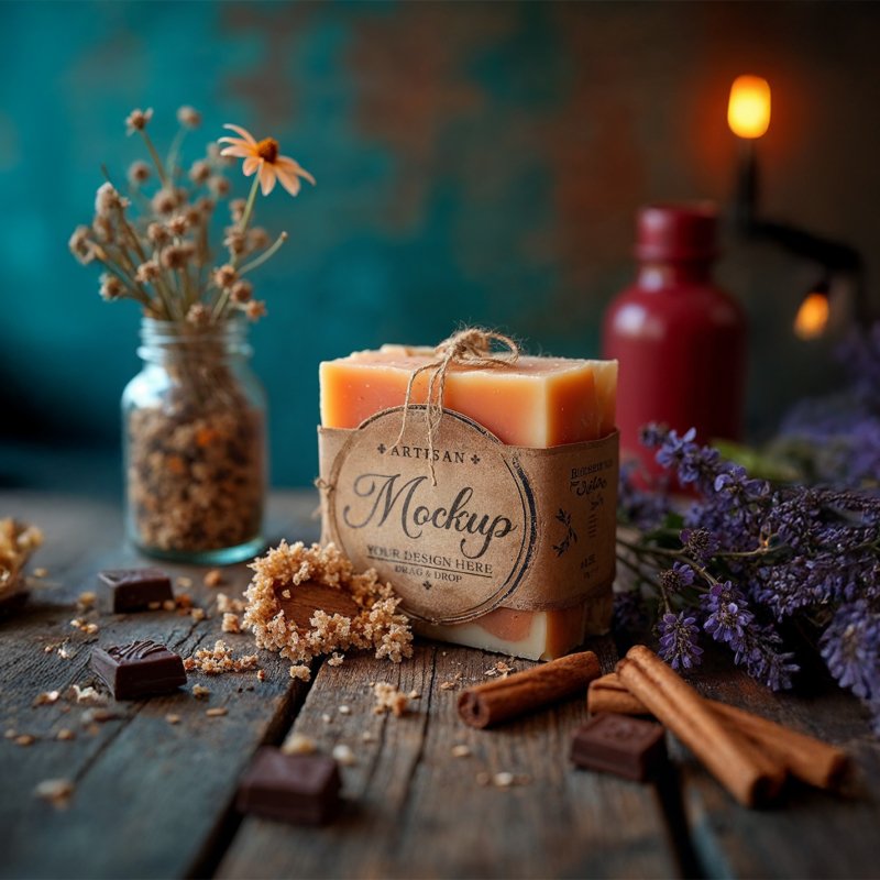 Artisan Soap Mockup With Chocolate Cinnamon Lavender on a Rustic Wood Table