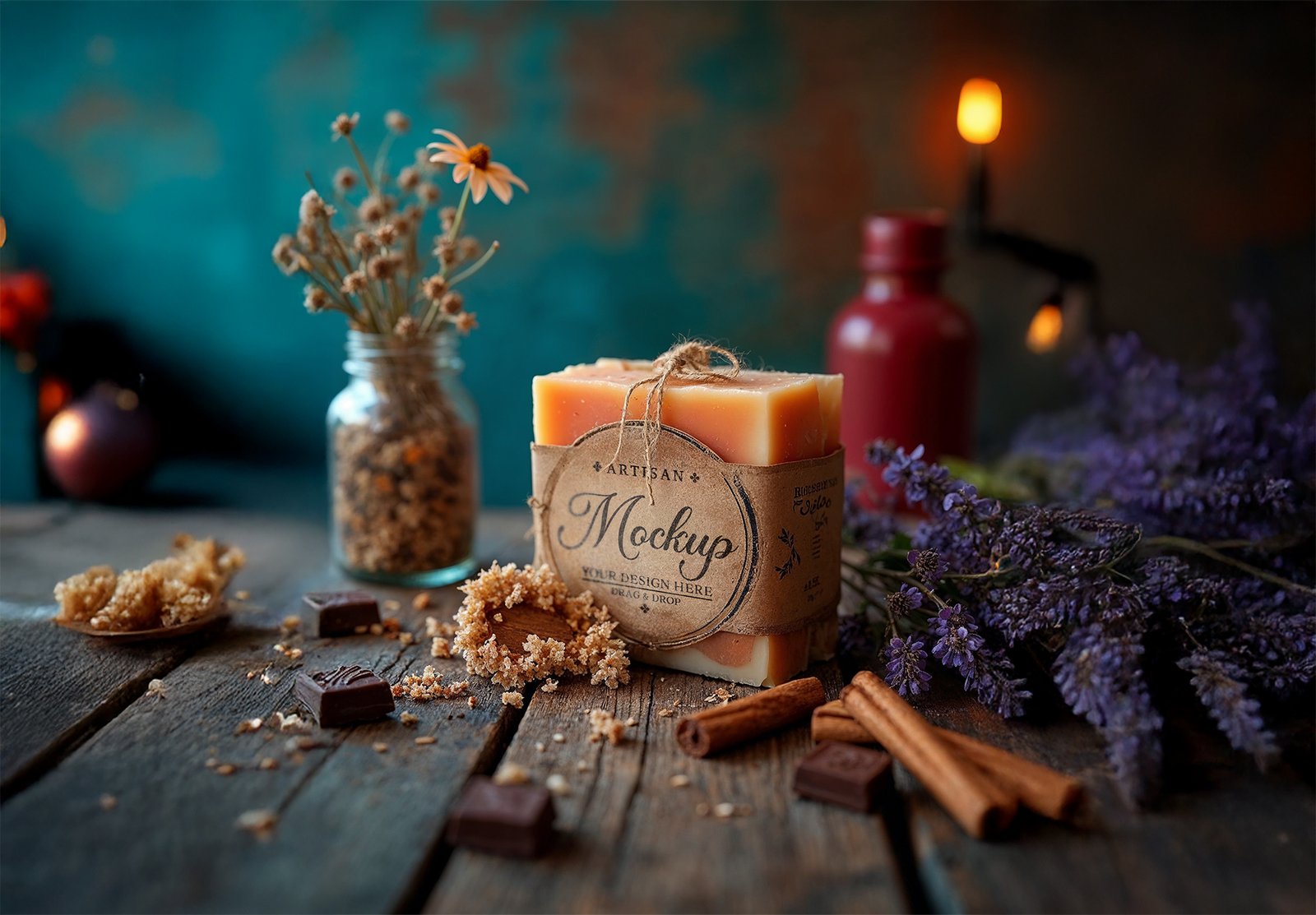 Artisan Soap Mockup With Chocolate Cinnamon Lavender on a Rustic Wood Table