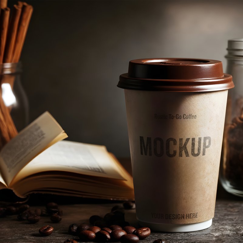 To-Go Coffee Cup Packaging Mockup With Grinder Beans In Rustic Wood Table With A Book