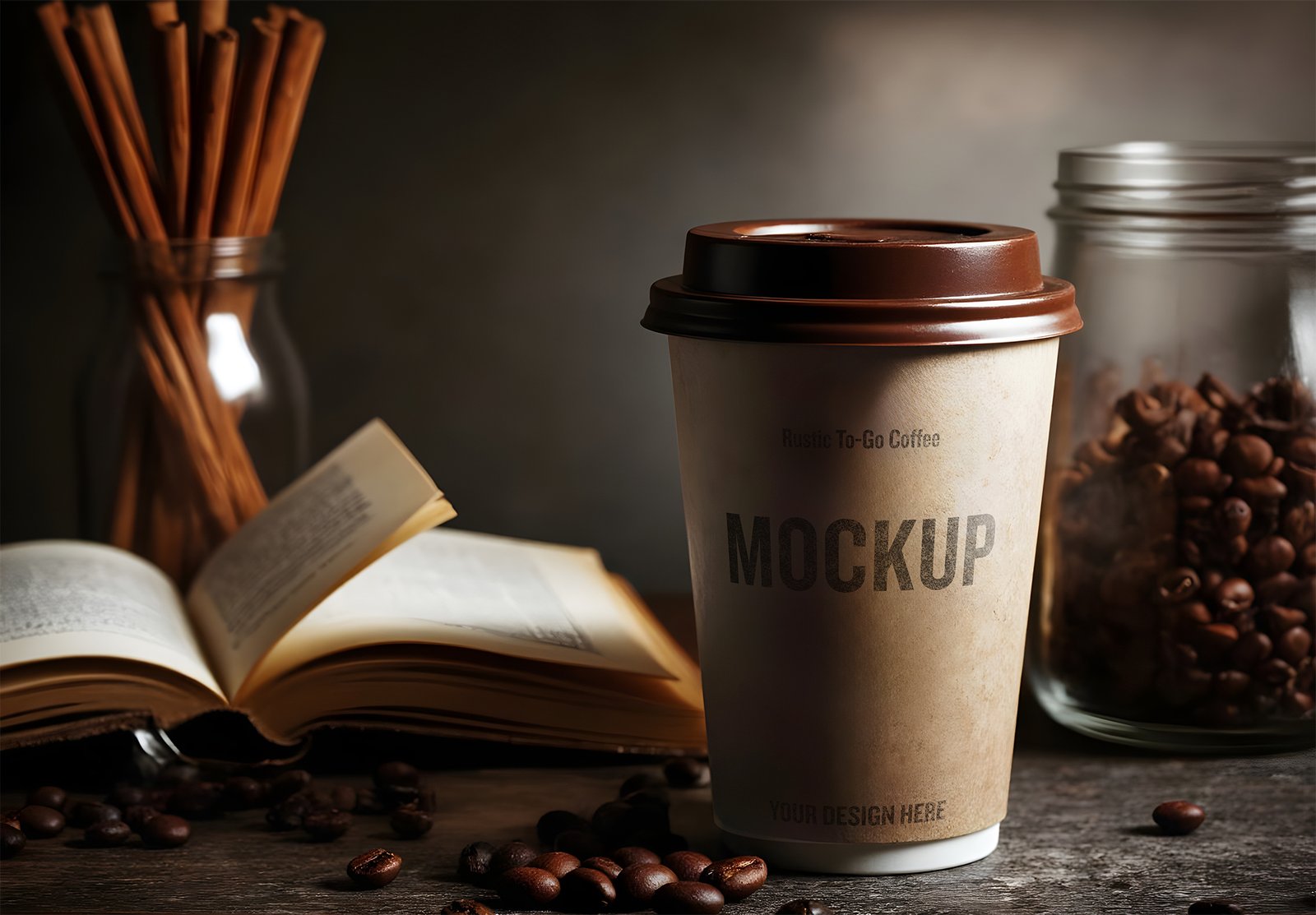 To-Go Coffee Cup Packaging Mockup With Grinder Beans In Rustic Wood Table With A Book