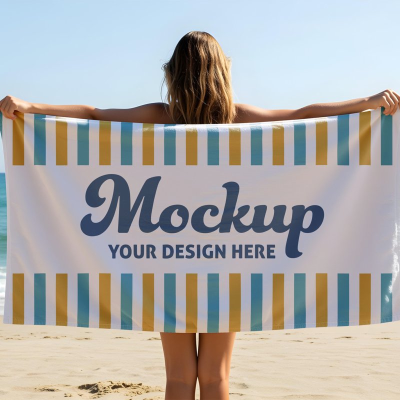 Blank Beach Towel Mockup Held by Woman on Sandy Shoreline