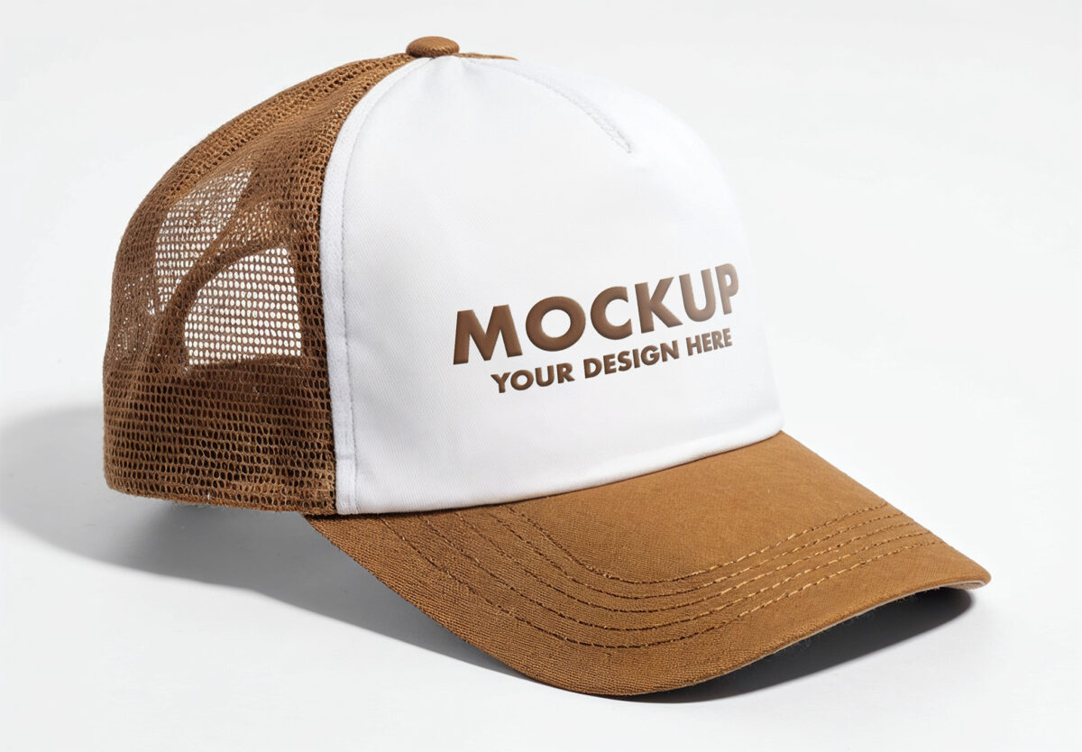 Mustard Brown Trucker Cap Mockup With Mesh Back On White Background
