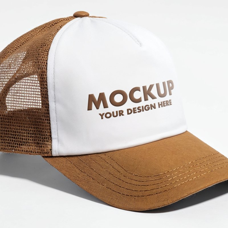 Mustard Brown Trucker Cap Mockup With Mesh Back On White Background
